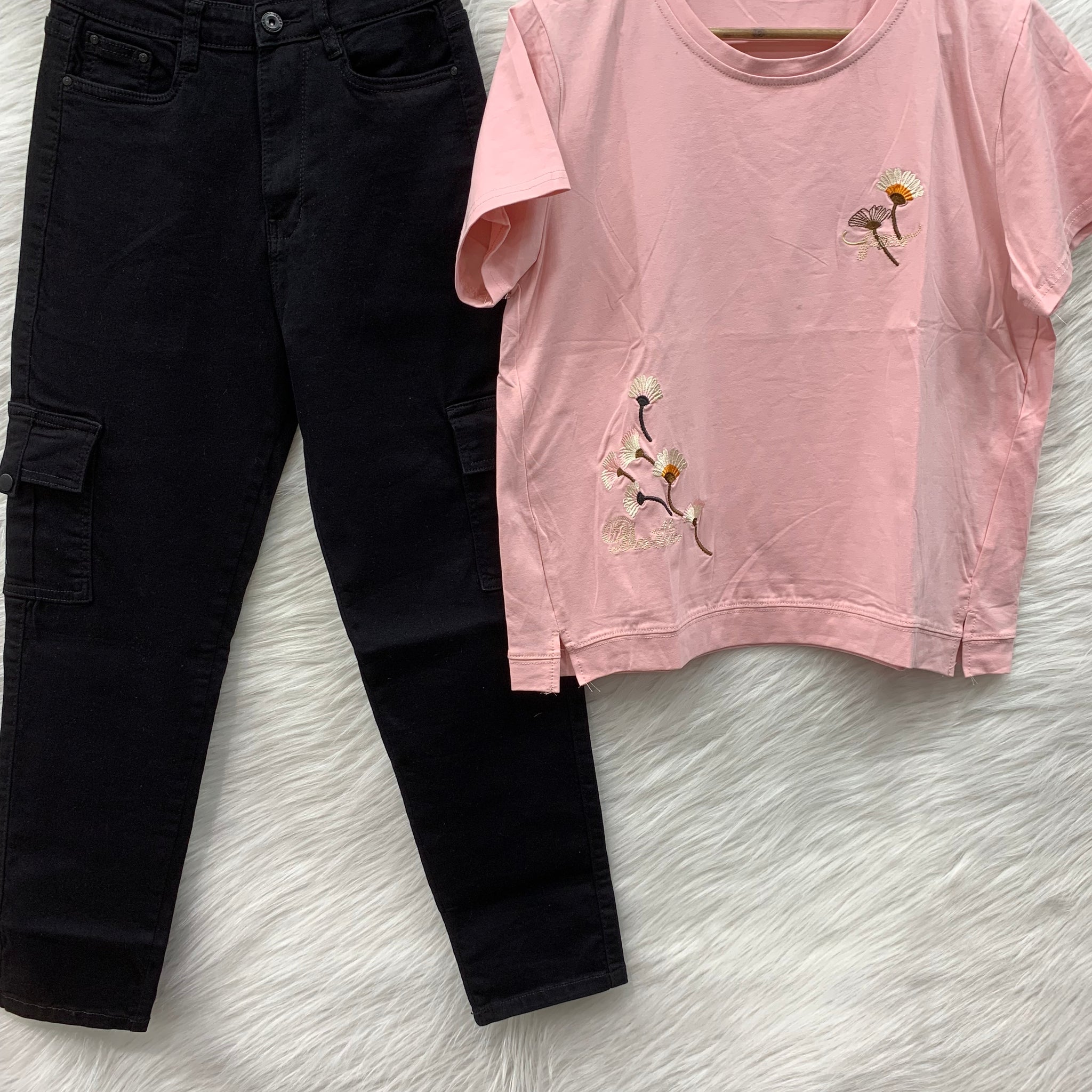 imported top with mom fit cargo jeans