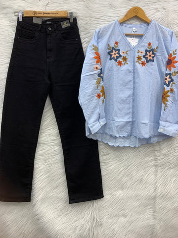 Embroidered Casual Top & Jeans Set