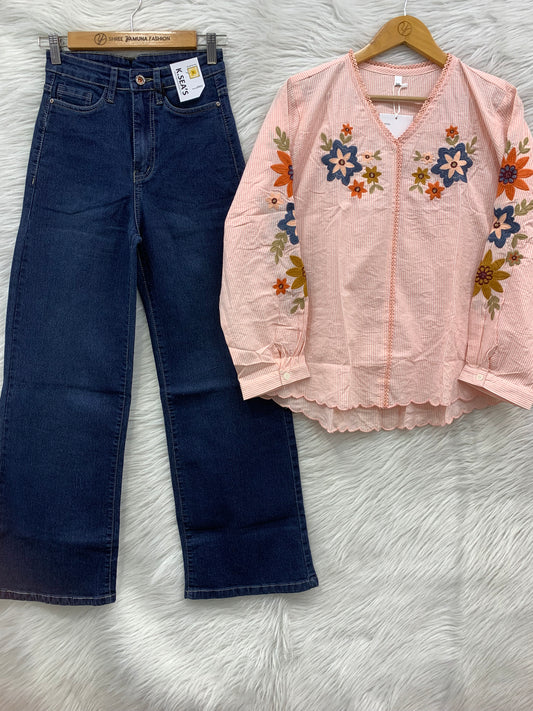 Embroidered Casual Top & Jeans Set