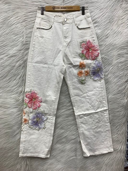 Floral Pearl Detail Jeans