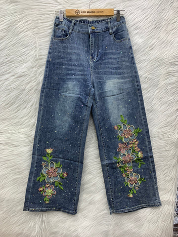 Floral Embroidered Stone Jeans