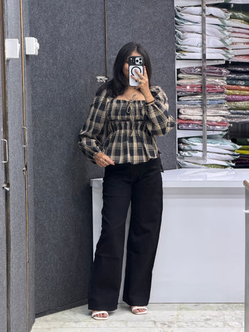 Puff Sleeve Peplum Top with Jeans Pair