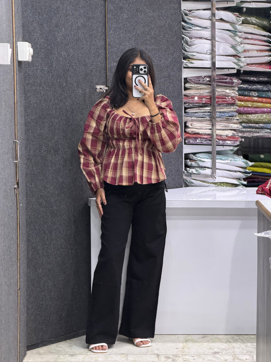 Puff Sleeve Peplum Top with Jeans Pair