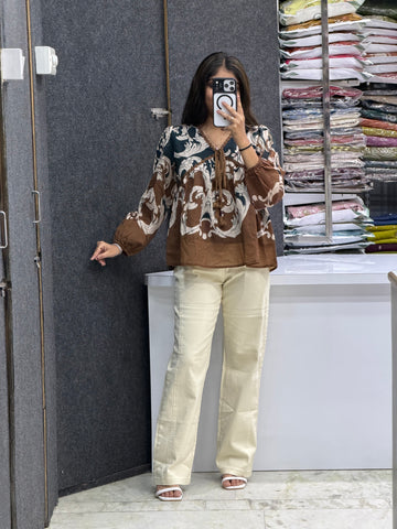 Printed Tie-Up V-Neck Top with Jeans Pair