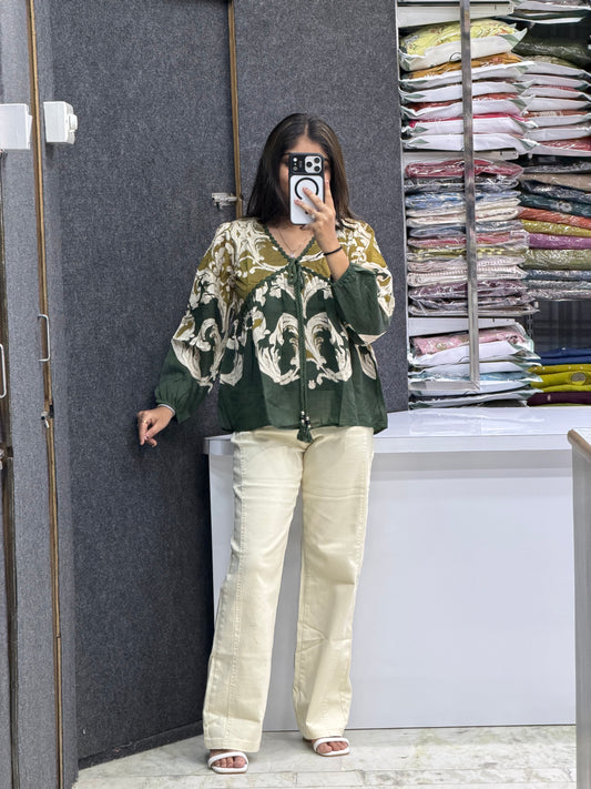 Printed Tie-Up V-Neck Top with Jeans Pair