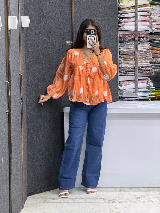 Polka Dot Tie-Up Top with Jeans Pair