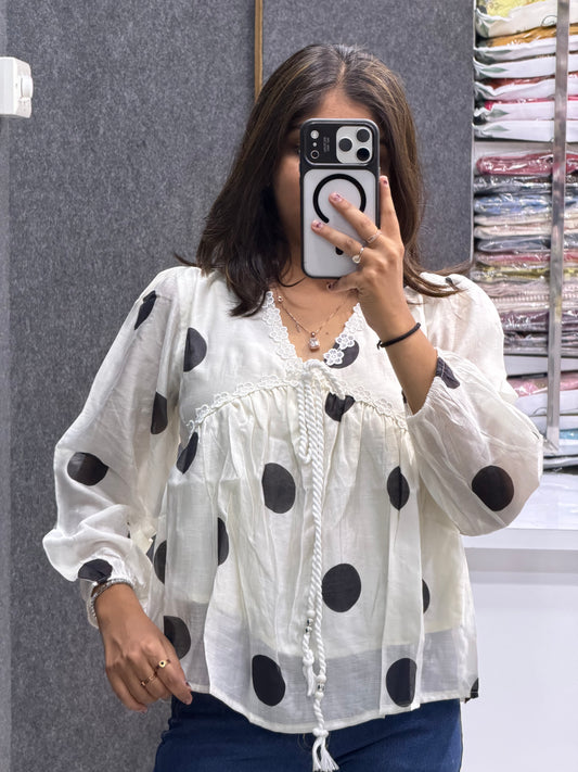 Polka Dot Lace Detail Puff Sleeve Top