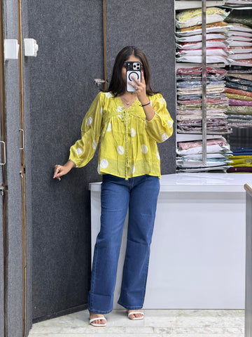 Polka Dot Tie-Up Top with Jeans Pair