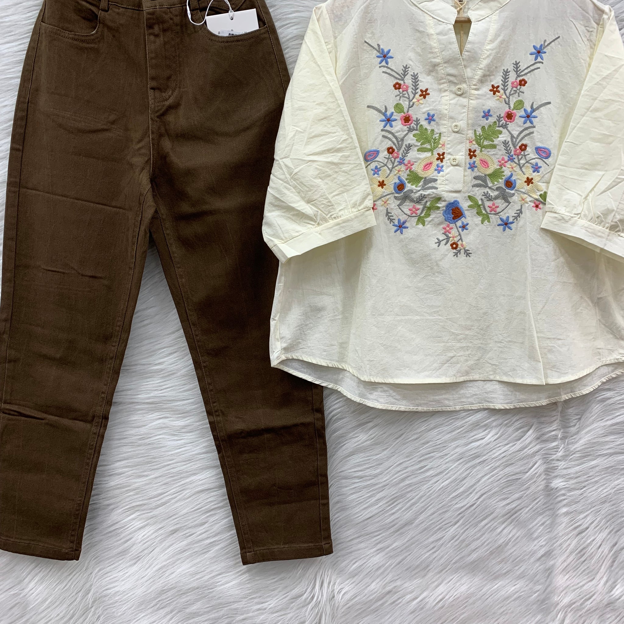 multi colour embroidery cotton top - mom fit jeans pair
