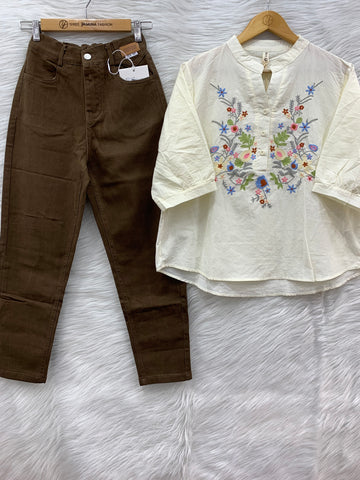 multi colour embroidery cotton top - mom fit jeans pair