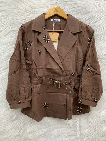 Belted Embroidered Blazer Top