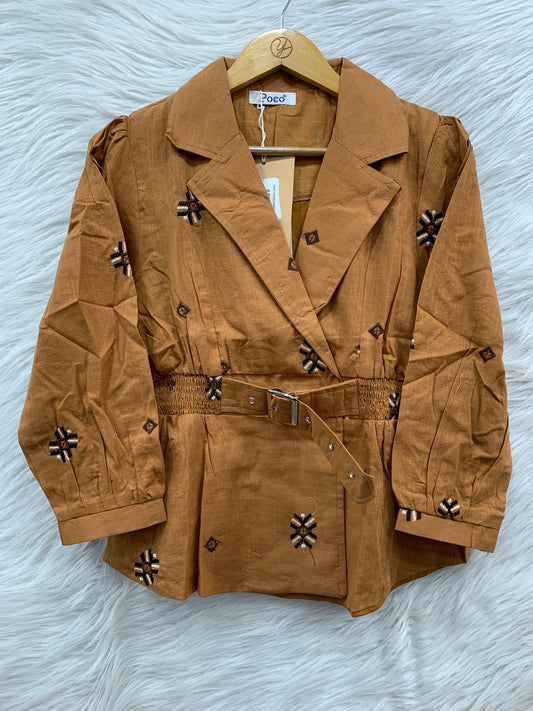 Belted Embroidered Blazer Top