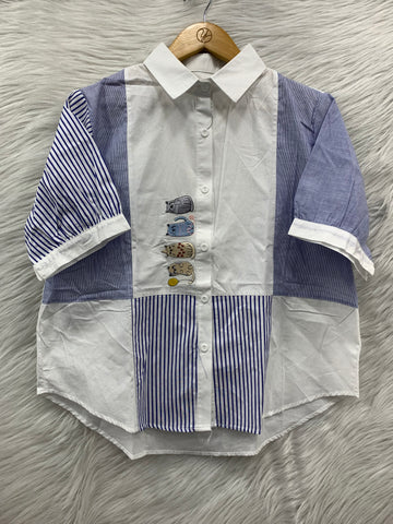 Cat Embroidered Patchwork Cotton Shirt Top