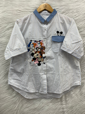 Cartoon Embroidered Stripe Cotton Shirt Top