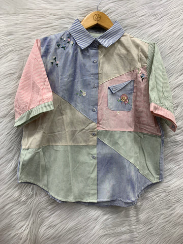 Floral Patchwork Stripe Cotton Shirt Top