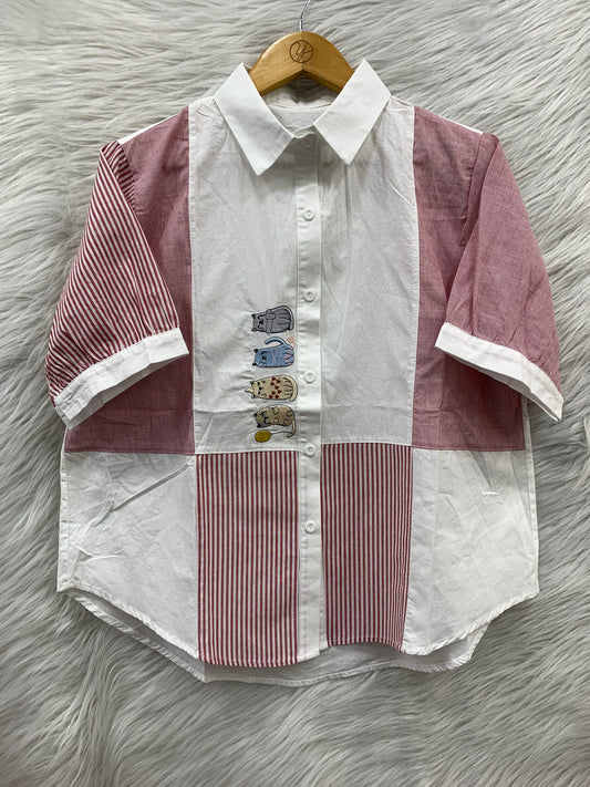 Cat Embroidered Patchwork Cotton Shirt Top