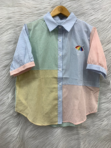 Umbrella Embroidered Patchwork Cotton Shirt Top