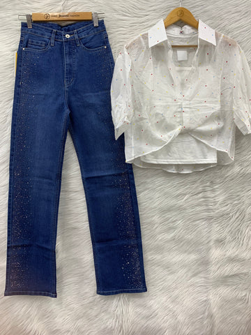 Heart Print Shirt Top with Denim Jeans
