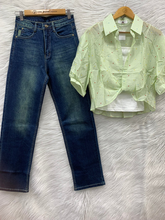 Heart Print Shirt Top with Denim Jeans