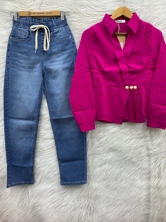 Button Detail Top with Denim Jeans