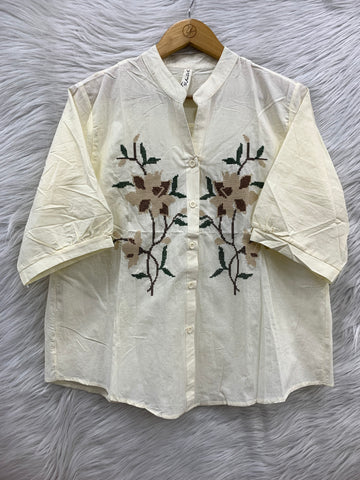 Floral Embroidery V-Neck Cotton Shirt Top