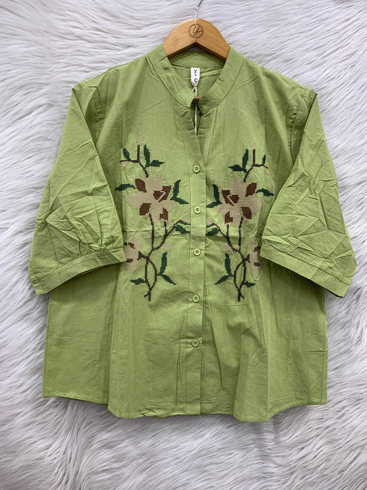 Floral Embroidery V-Neck Cotton Shirt Top